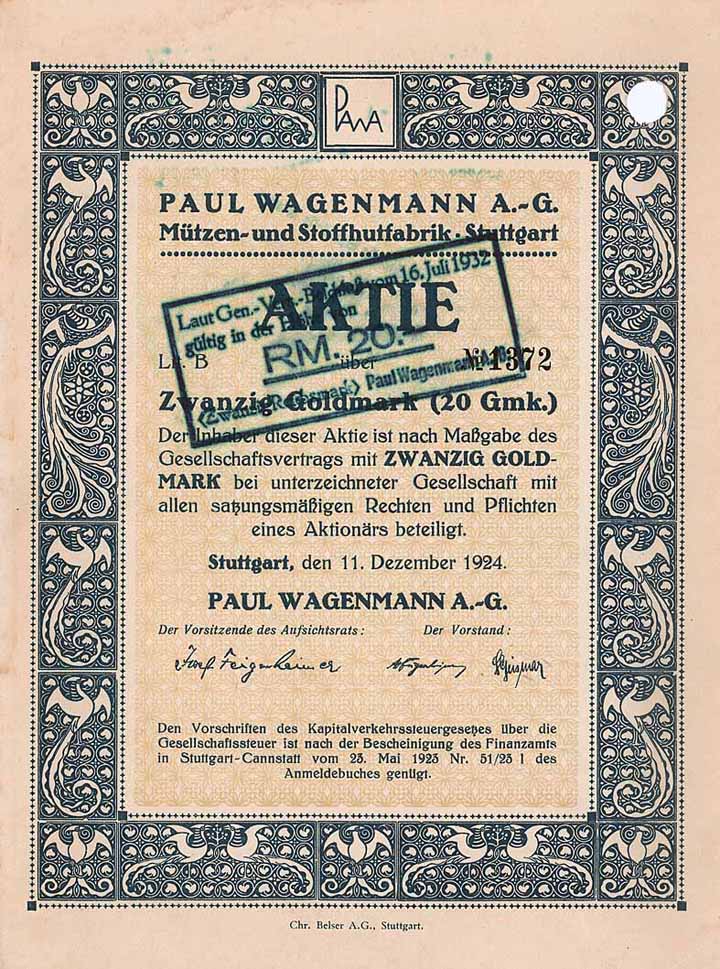 Paul Wagenmann AG Mützen- und Stoffhutfabrik