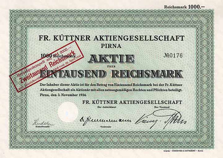 Fr. Küttner AG (umgestempelt auf 2.000 RM)